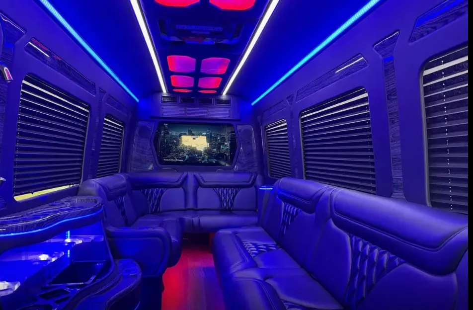 16-Passenger Sprinter Limo Party Bus – Blue LED lounge & TV