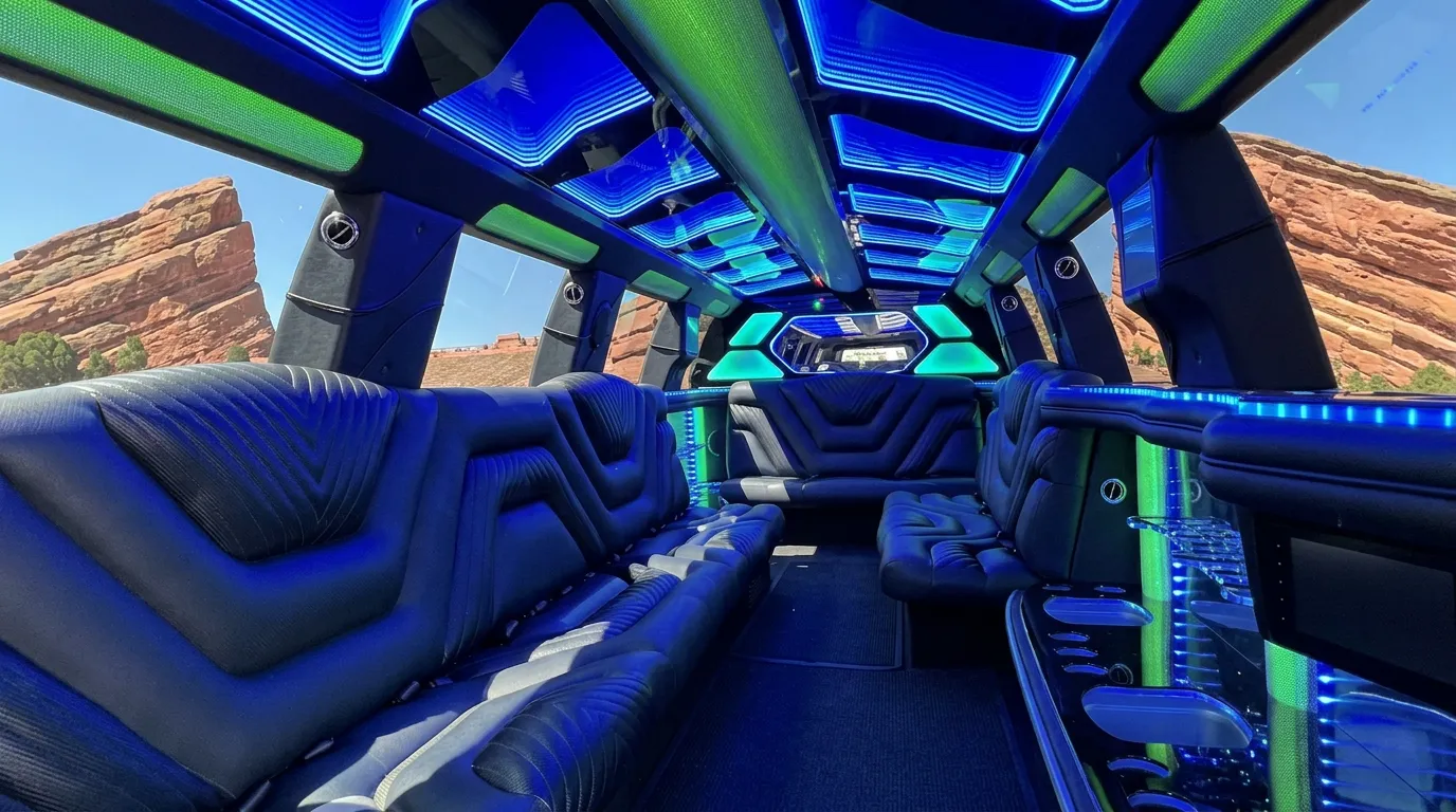 Inside the Chevy Suburban limo in Pitkin County: LED light-show ceiling, leather lounge seating and lit bar