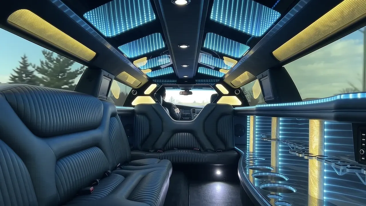 Inside the Dodge Charger limo in Pitkin County: LED light-show ceiling, leather lounge seating and lit bar