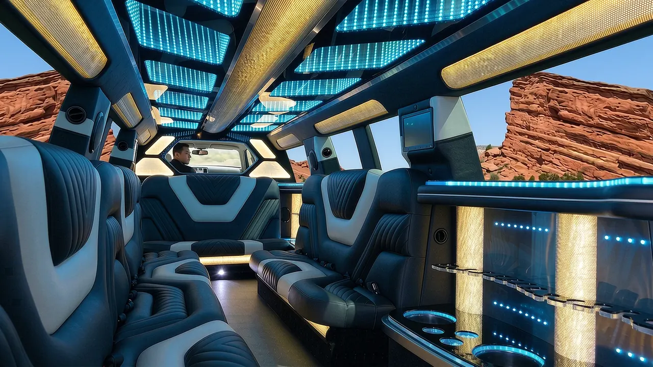 Inside the Mercedes GLS limo in Pitkin County: LED light-show ceiling, leather lounge seating and lit bar